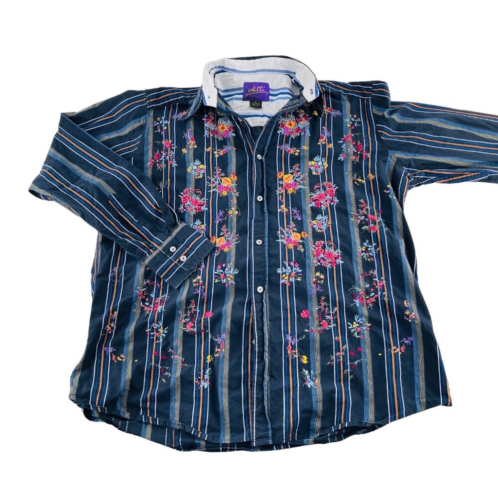 Atti Men's size XL Striped Floral Embroidered Button-Up Shirt Long Sleeve Vintag